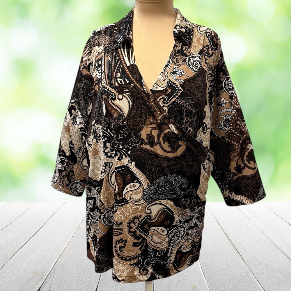 SUSAN GRAVER Liquid Knit Surplice Tunic Top Baroque Paisley Brown Black Plus 2X